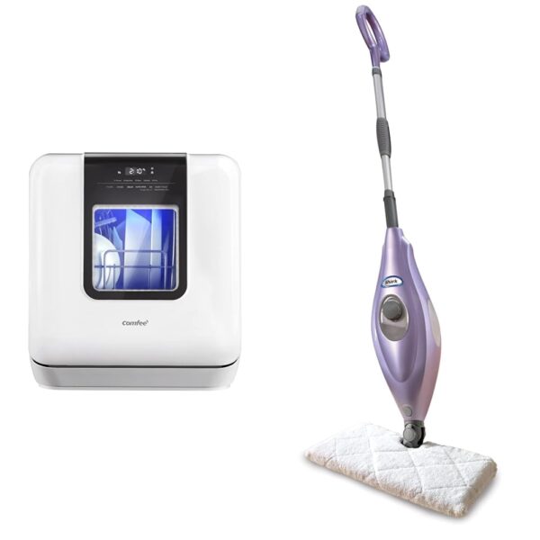 Limpiador piso duro vapor COMFEE cabezal rectangular 2 almohadillas lavables morado