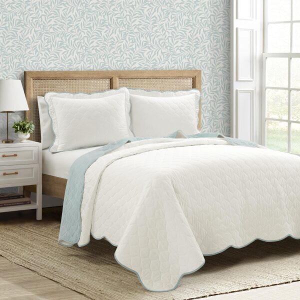 Juego de edredón reversible Coastal Chic Lush Decor 23T000240 algodón con borde festoneado 3 piezas tamaño Queen azul y