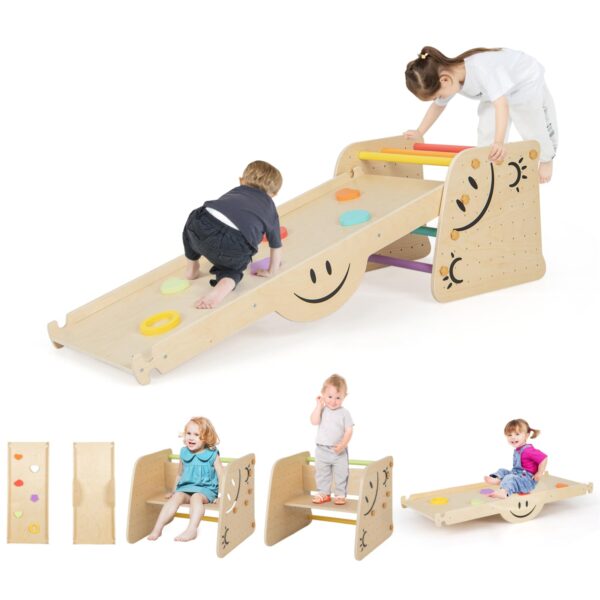 HONEY JOY Juguetes de escalada para niños pequeños, juego de triángulos de madera 6 en 1, rampa y escalador de doble car