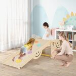 HONEY JOY Juguetes de escalada para niños pequeños, juego de triángulos de madera 6 en 1, rampa y escalador de doble car