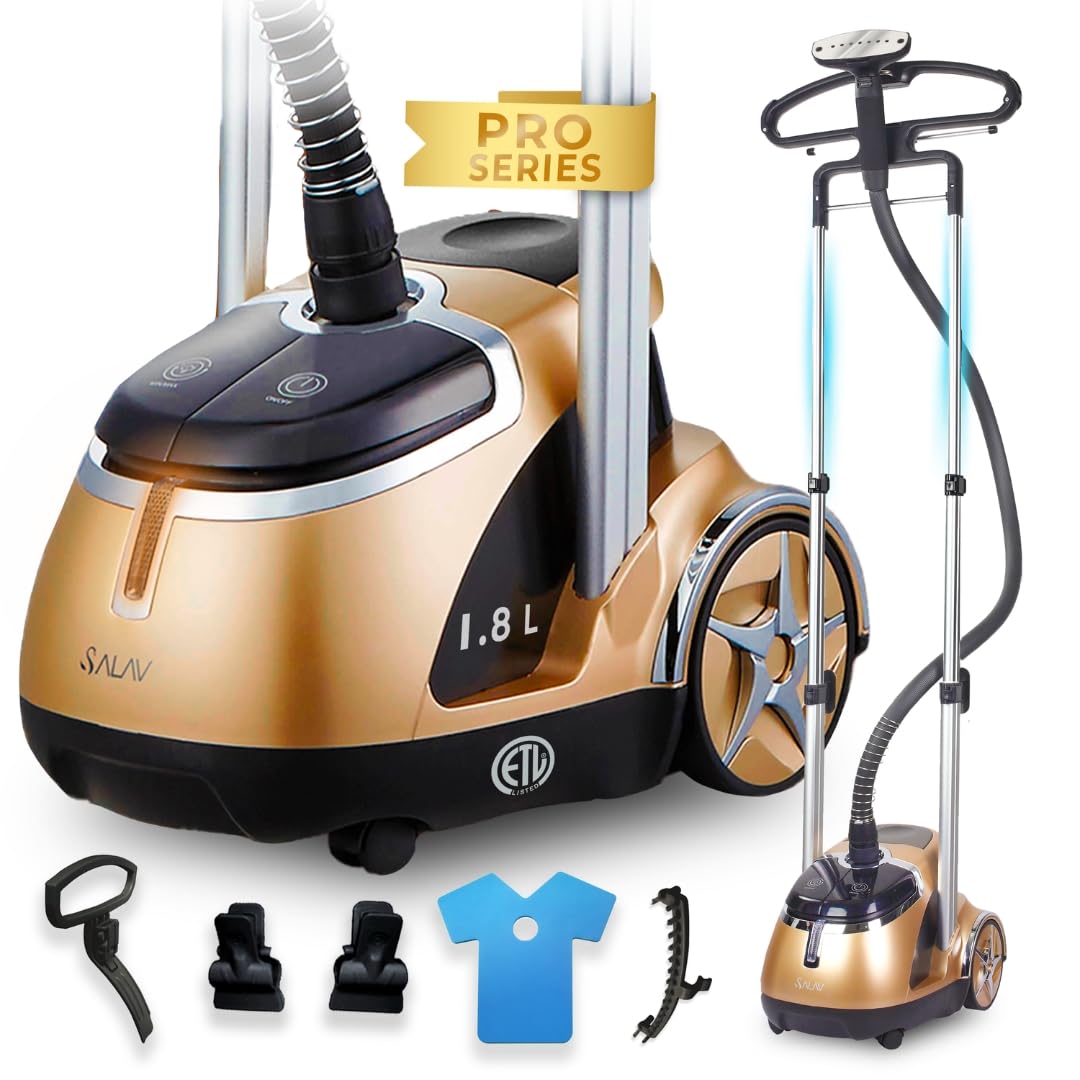 Version 1.0.0 Vaporizador de Pie SALAV Professional Garment Steamer 1500W tanque 1.8L pedal pie cable retráctil dorado