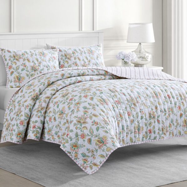 Juego de edredón reversible 3 piezas algodón percal Martha Stewart Welspun 887719231112 King rosa claro verde lavado lig