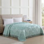 Colcha de chenilla 100% algodón matrimonial Beatrice Home Fashions LMCBSPFUBLU medallón de loto azul ligera con flecos