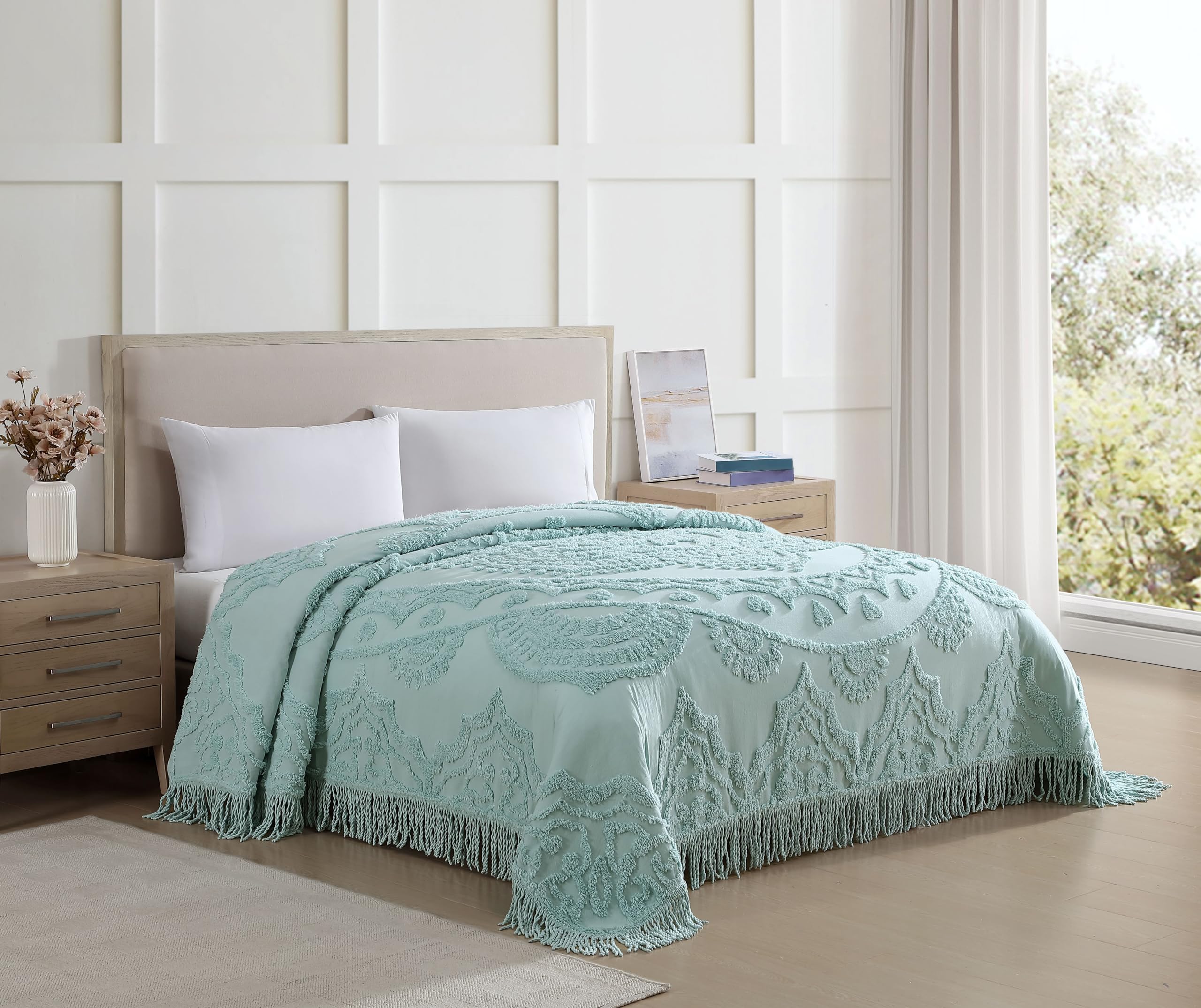 Version 1.0.0 Colcha de chenilla 100% algodón matrimonial Beatrice Home Fashions LMCBSPFUBLU medallón de loto azul ligera con flecos