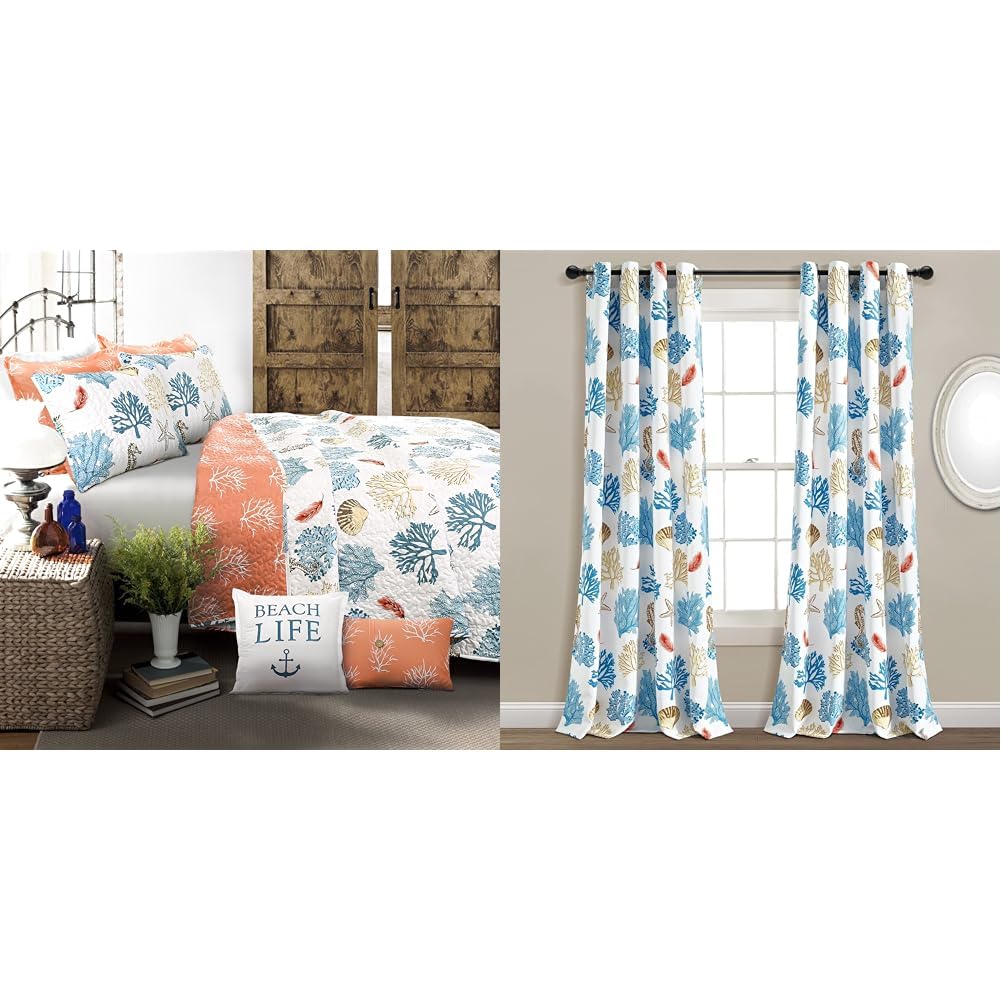 Version 1.0.0 Juego de Edredon Reversible Coastal Reef Lush Decor 7 Piezas Queen con Cortinas 52 pulgadas