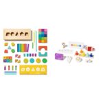 Lovevery - Juego de bloques y figuras de madera maciza + caja de almacenamiento, 70 piezas y juego de música, 6 instrume