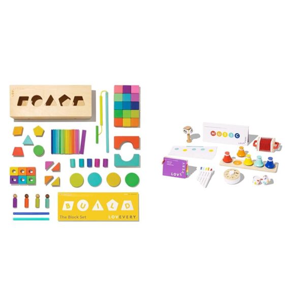 Lovevery - Juego de bloques y figuras de madera maciza + caja de almacenamiento, 70 piezas y juego de música, 6 instrume
