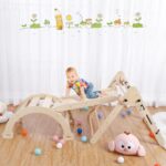 Fulvari Juego de gimnasio interior para niños pequeños, estructuras de escalador, 38 x 24 x 6 pulgadas, color roble