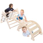Fulvari Juego de gimnasio interior para niños pequeños, estructuras de escalador, 38 x 24 x 6 pulgadas, color roble
