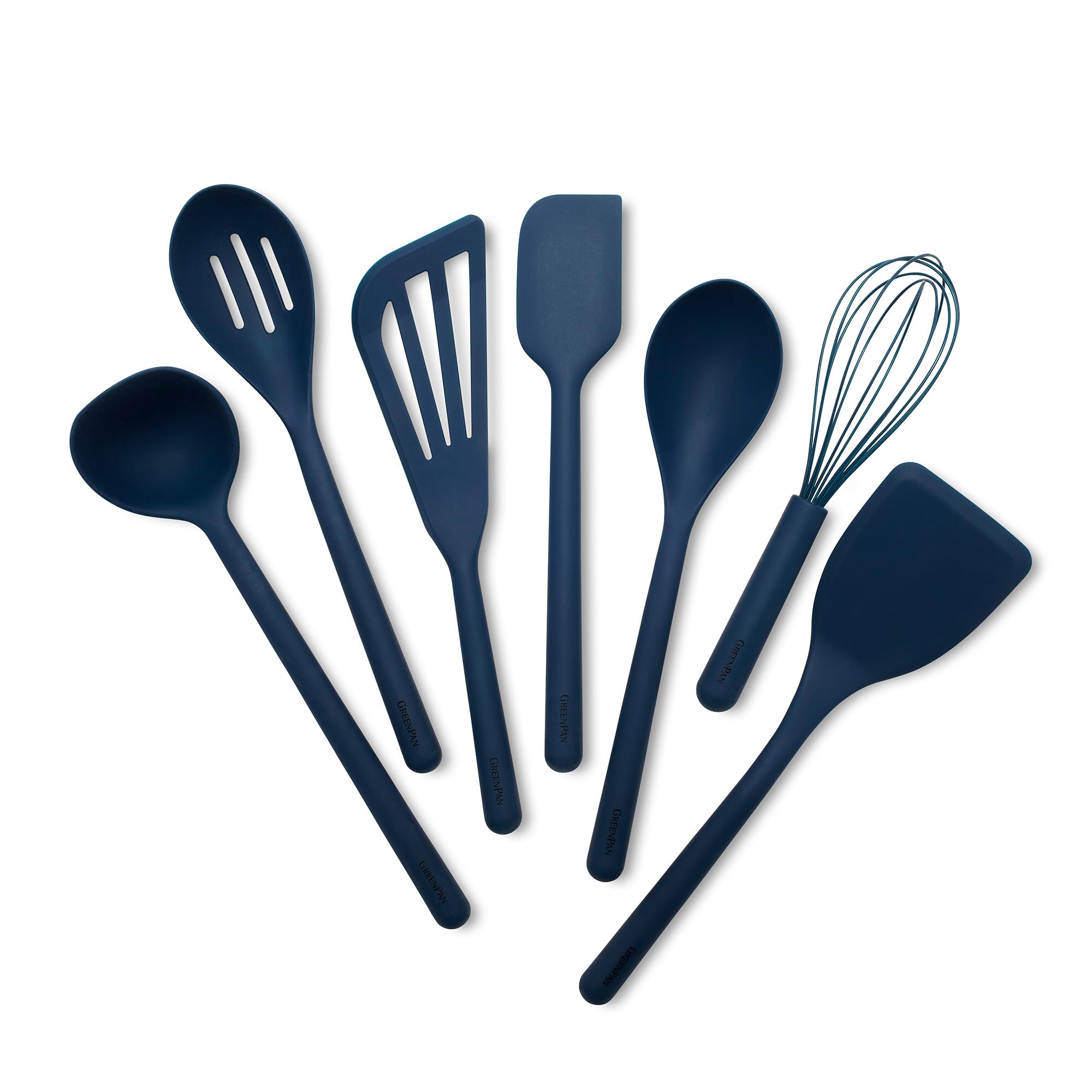 Version 1.0.0 GreenPan Juego de 7 utensilios de cocina de silicona, espumadera, volteadores, espátula, cucharas, batidor, herramientas
