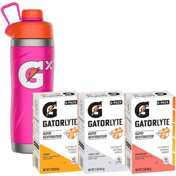 Kit Termo de Acero Inoxidable Gatorade Gx Rosa 32 oz con Polvo Hidratante Gatorlyte Paquete de 18 Piezas
