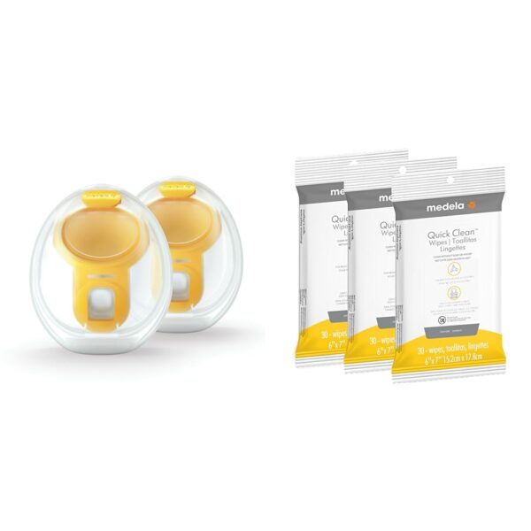 Medela Vasos de colección manos libres compatibles con extractores de leche eléctricos, 1 juego de 2 tazas + toallitas M