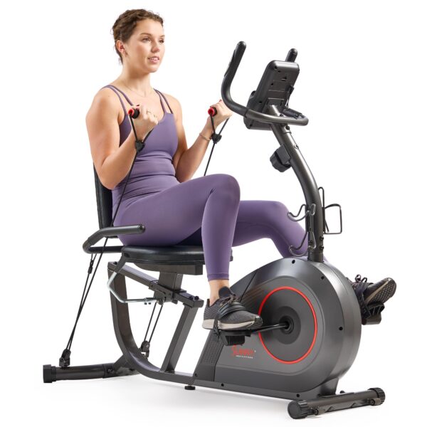 Bicicleta reclinada inteligente Sunny Health & Fitness SF-RB424006 asiento acolchado 300 lbs resistencia magnetica 16 ni