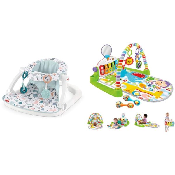 Fisher-Price Silla de bebé con juguetes y alfombra de juegos con piano gimnasio, maracas y 5 juguetes enlazables