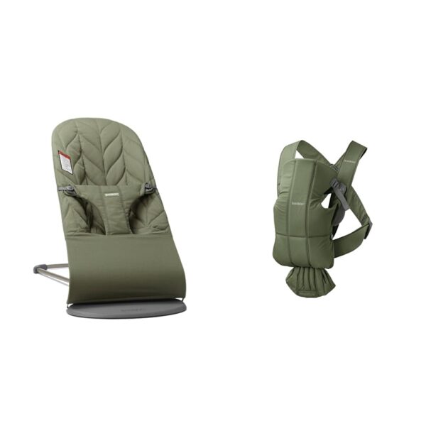 BabyBjörn Bouncer Bliss - Edredón tejido de pétalos verde oscuro y portabebés mini tejido verde oscuro para 0-12 meses,