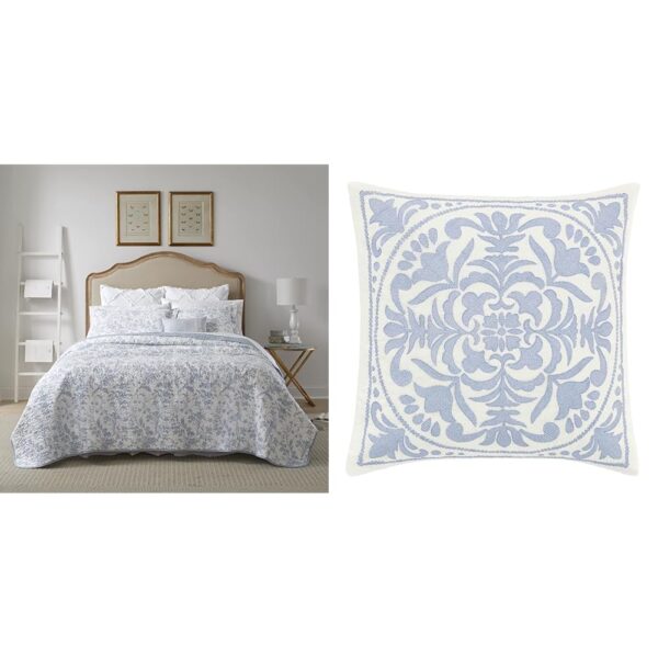 Juego de edredon Laura Ashley King algodon estampado floral azul spa con fundas y almohadas decorativas