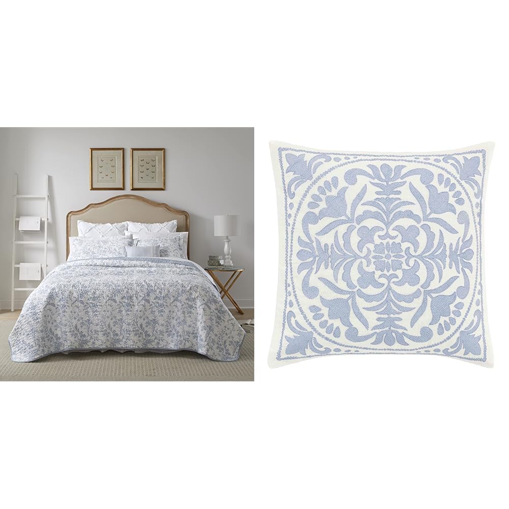 Version 1.0.0 Juego de edredon Laura Ashley King algodon estampado floral azul spa con fundas y almohadas decorativas