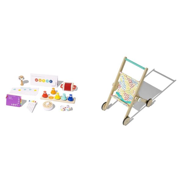 Lovevery Juego de música con 6 instrumentos, libro de canciones, cochecito Buddy de madera, juguete de juego de simulaci