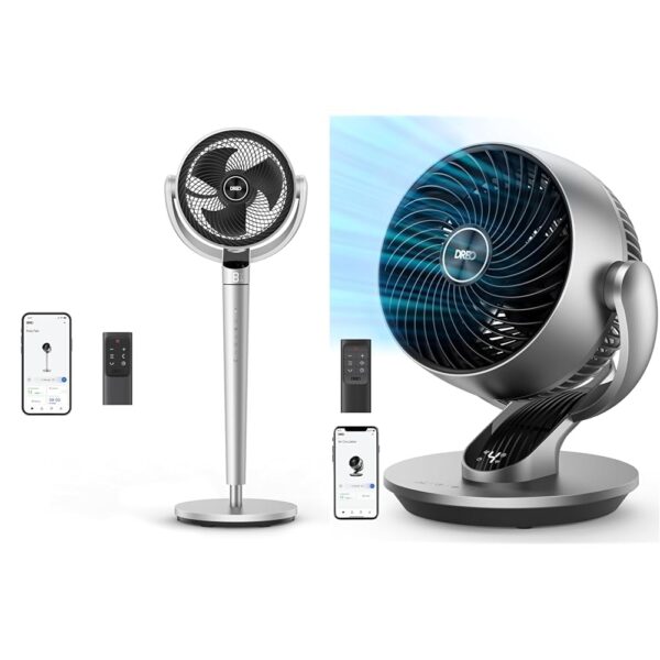Paquete Ventilador Pedestal Dreo 43 Pulgadas Oscilación 150° y Circulador Inteligente 13 Pulgadas 120°