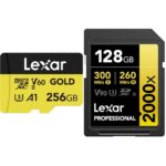 Lexar Paquete de tarjeta micro SD dorada de 256 GB y tarjeta de memoria SDXC de 128 GB y 2000x para drones, cámaras de a