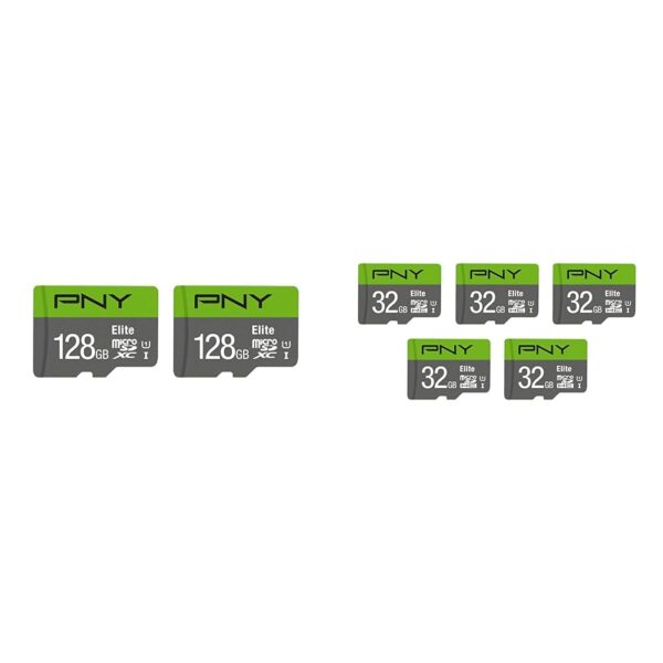 PNY Paquete de 2 tarjetas microSDXC y microSDHC Elite Class 10 U1 de 128 GB y 32 GB y paquete de 5 unidades