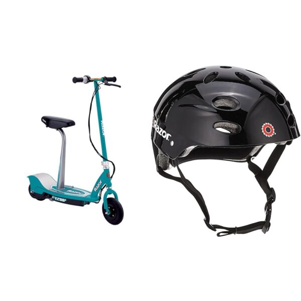Scooter eléctrico con asiento Razor E200S y casco V17 motor 200W velocidad 19 kmh llantas 8 pulgadas negro brillante