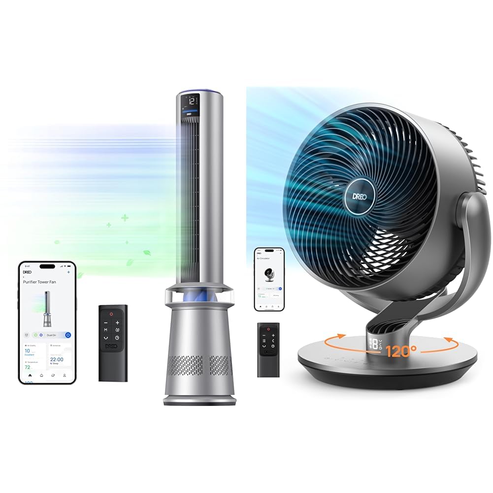 Version 1.0.0 Ventilador Torre Purificador Aire Dreo 45 Pulgadas 2 en 1 con Ventilador 16 Pulgadas 25dB Control Remoto