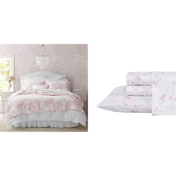 Juego de Ropa de Cama Laura Ashley Queen Edredón Reversible Sábanas Algodón Satén 300 Hilos Rosa