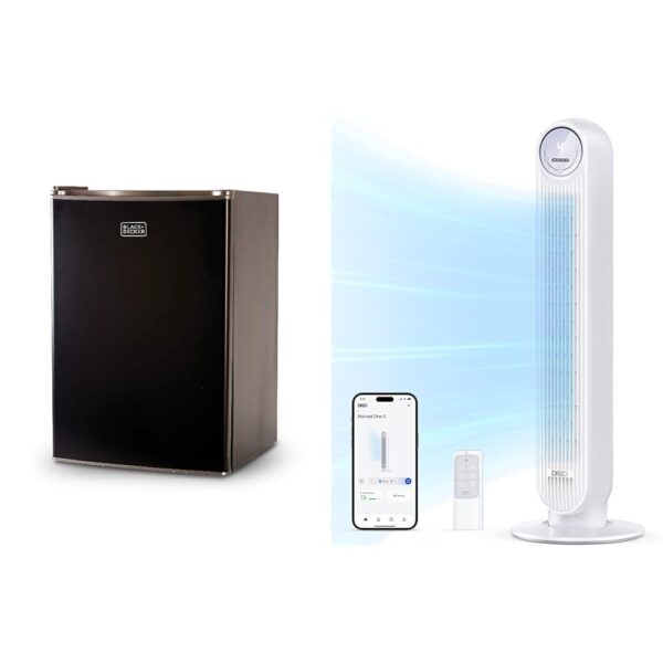 Paquete Mini Refrigerador Black+Decker 2.5 Pies Cúbicos con Congelador y Ventilador de Torre Dreo Oscilante Sin Aspas co