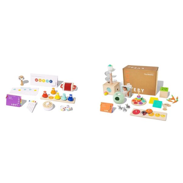 Lovevery Juego de música con 6 instrumentos, libro de canciones, kit de juego Babbler con 8 juguetes para equilibrio, ha