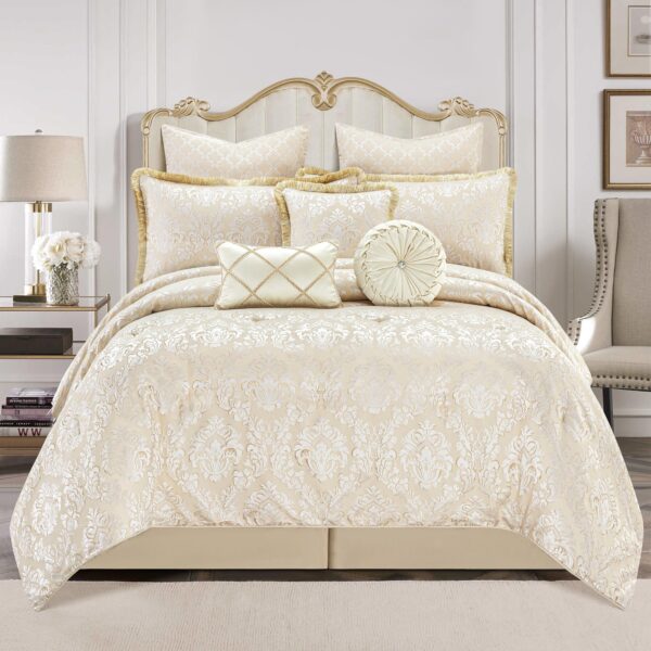 Juego de edredón jacquard damasco TOPLUXE LM-Milano-Queen 9 piezas diseño medallón floral Queen ropa de cama ultrasuave