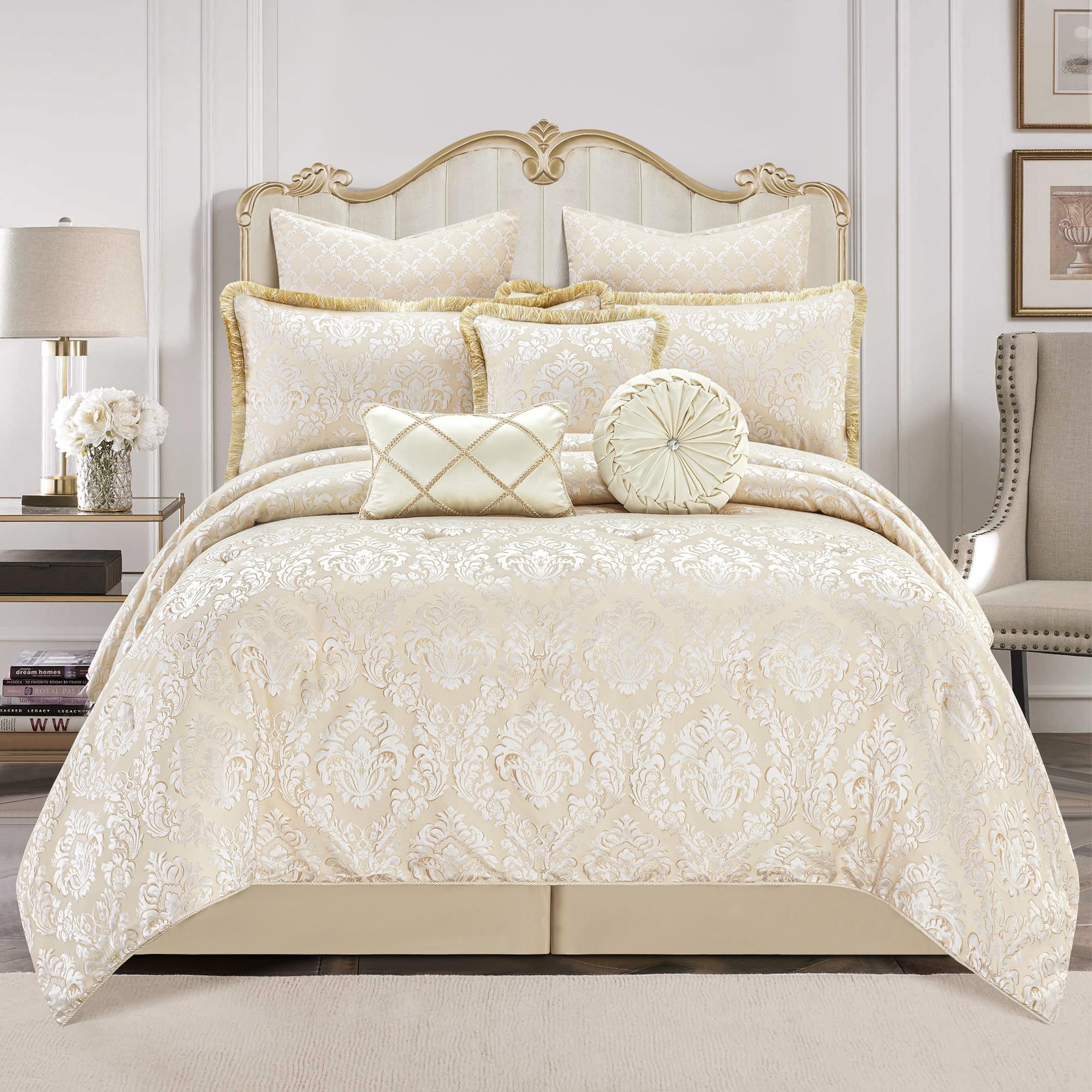 Version 1.0.0 Juego de edredón jacquard damasco TOPLUXE LM-Milano-Queen 9 piezas diseño medallón floral Queen ropa de cama ultrasuave