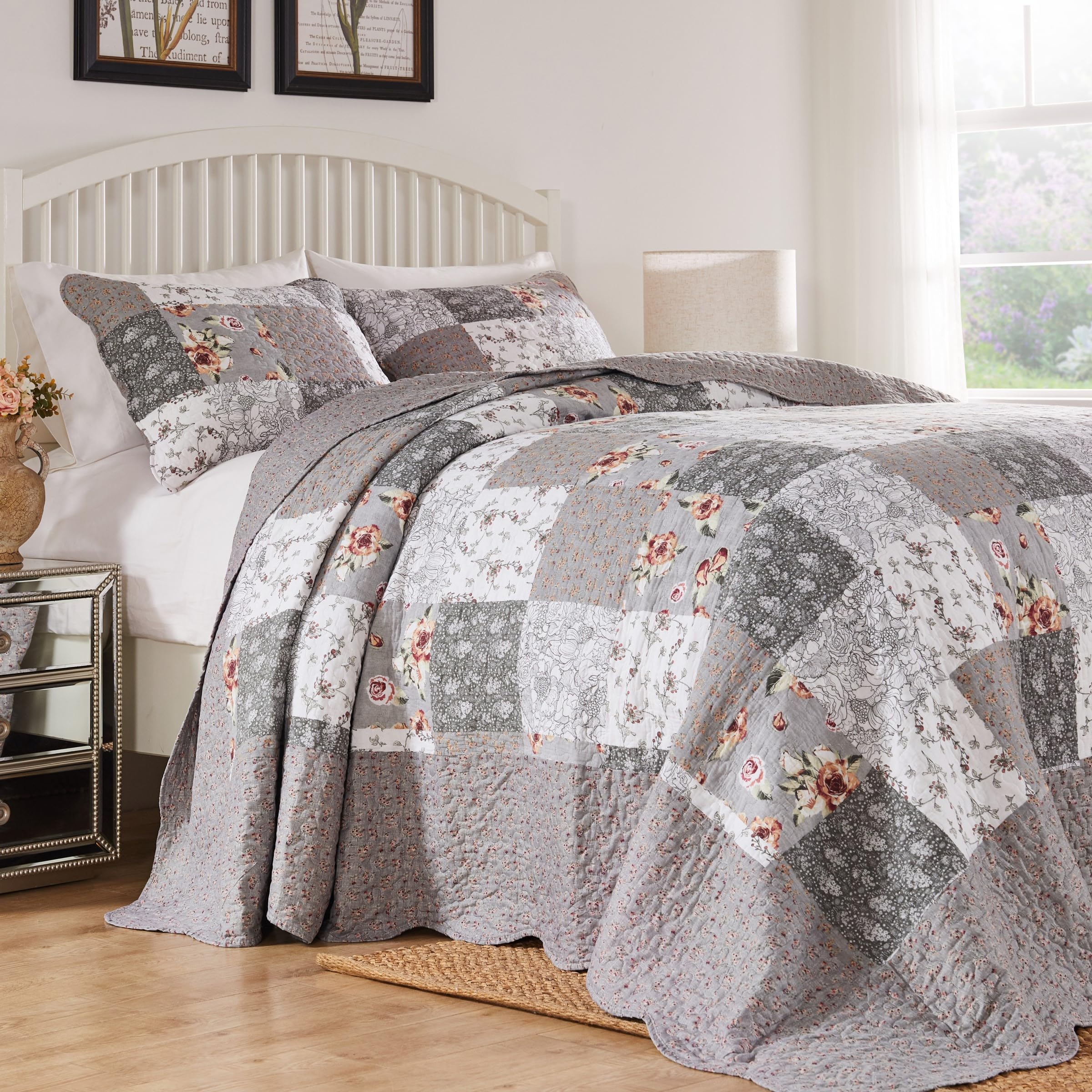 Version 1.0.0 Juego de colcha acolchada Giulia Barefoot Bungalow Greenland Home Fashions GL-1812AJSK 3 piezas tamaño King gris algodón