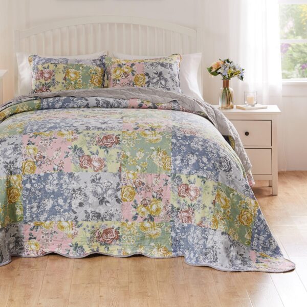 Juego de colcha acolchada vintage Emma Greenland Home Fashions GL-2205AJSQ 3 piezas tamaño Queen color gris