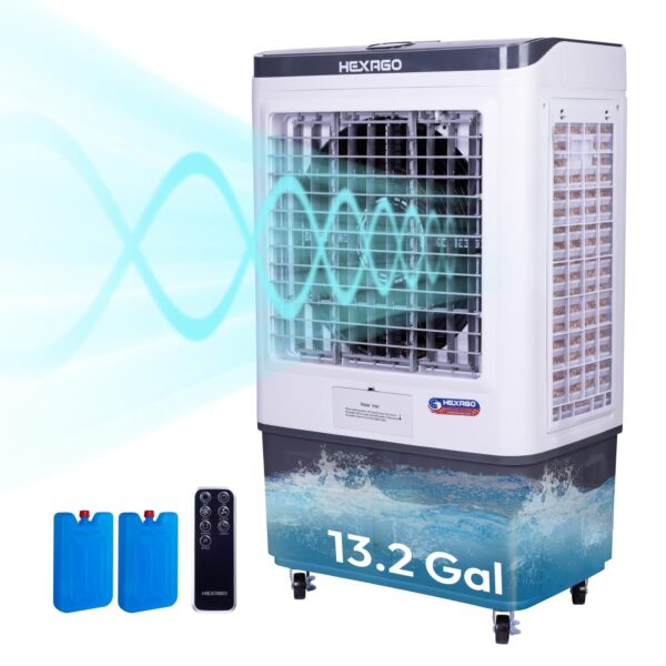 Enfriador evaporativo portátil Hexago HI-COOL-13GDIGIT-1P 7500 CFM tanque 13.2 galones 3 velocidades control remoto temp