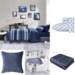 Juego de ropa de cama individual Nautica azul marino sábanas manta falda funda de almohada y toallas