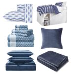 Juego de ropa de cama individual Nautica Woodblock Fish Blue sábanas manta falda funda almohada y toallas azul marino