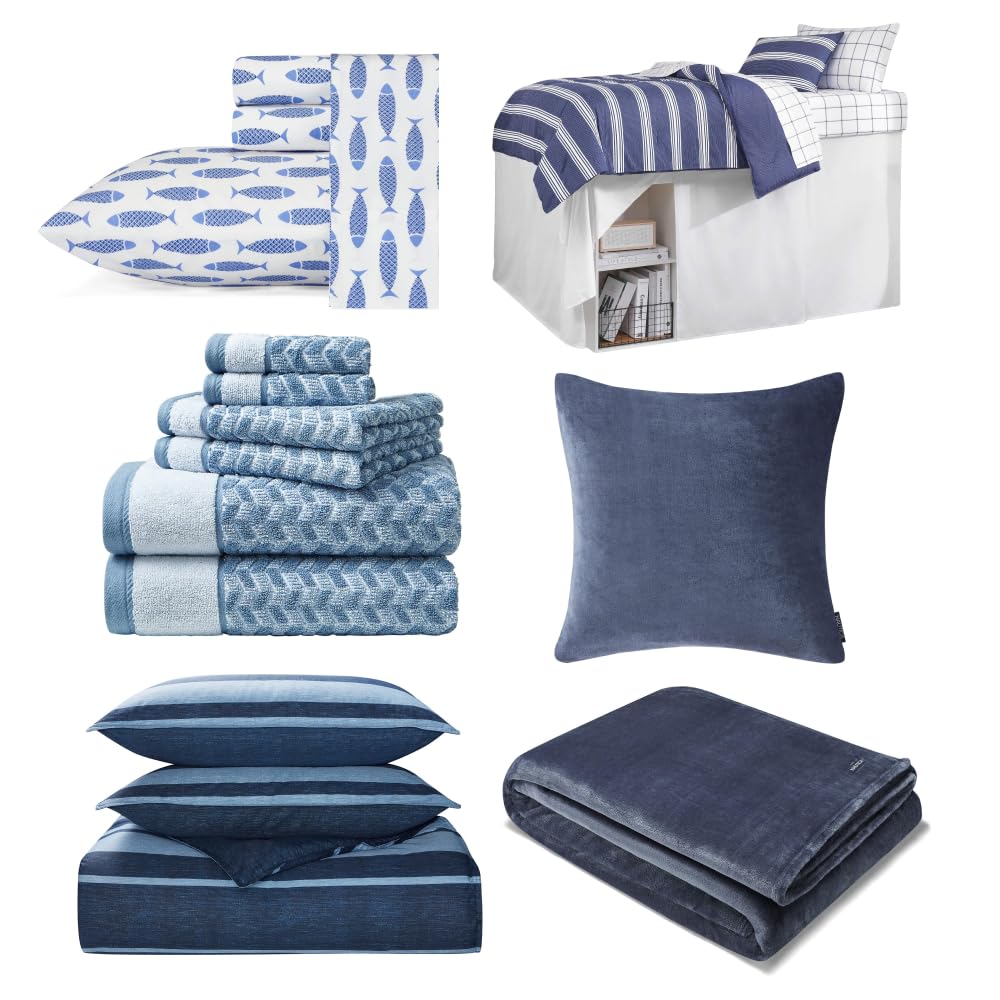Version 1.0.0 Juego de ropa de cama individual Nautica Woodblock Fish Blue sábanas manta falda funda almohada y toallas azul marino