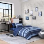 Juego de ropa de cama individual Nautica Woodblock Fish Blue sábanas manta falda funda almohada y toallas azul marino