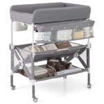 BABY JOY Cambiador portátil para bebé, estación de cambio de pañales plegable e impermeable con ruedas, altura ajustable