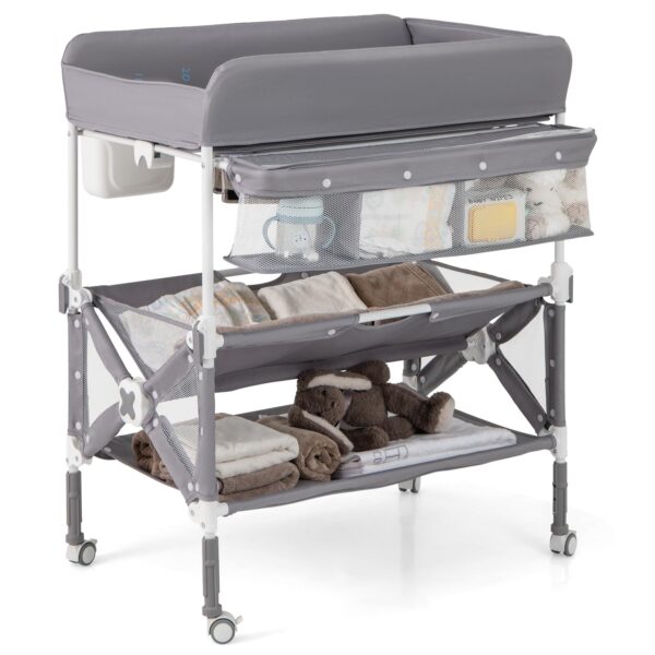 BABY JOY Cambiador portátil para bebé, estación de cambio de pañales plegable e impermeable con ruedas, altura ajustable