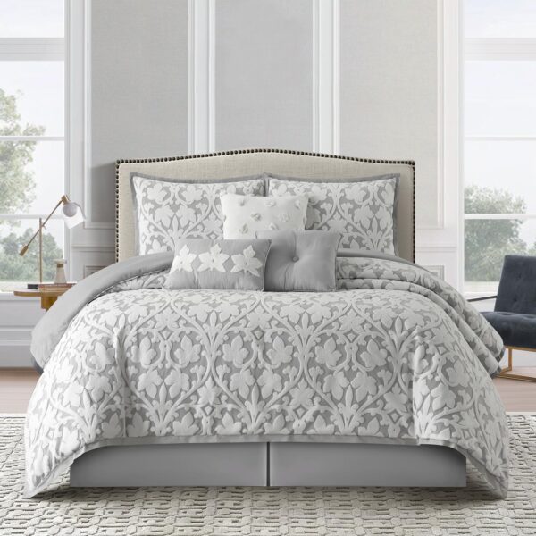 Juego de edredón jacquard floral King 7 piezas Stratford Park Nanshing International Inc. AdoriaB2B blanco gris con fund