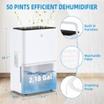 Deshumidificador Zstar 50 Pintas para Hogar, 4500 pies², Tanque 8.3 L, Manguera Drenaje, 3 Velocidades 49 dB, Control In