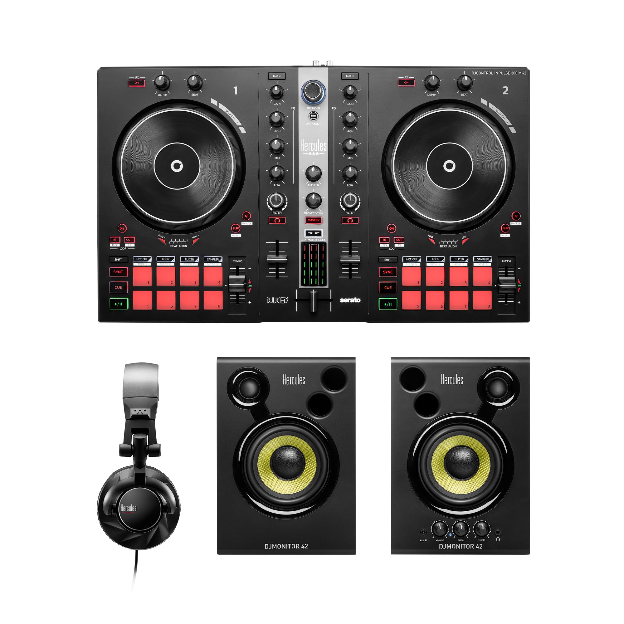 Hercules Kit de DJ Essentials, controlador de DJ todo en uno para principiantes, kit de inicio con altavoces, auriculare