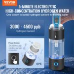 Generador de Agua de Hidrógeno Portátil VEVOR EHM-H13 Botella Ionizadora 240ml Tecnología SPE con Tubo de Inhalación Nas