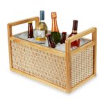 Twine Cesta enfriadora de botellas de ratán y madera, tinas de bebidas para fiestas, cubo de hielo para bebidas con asas