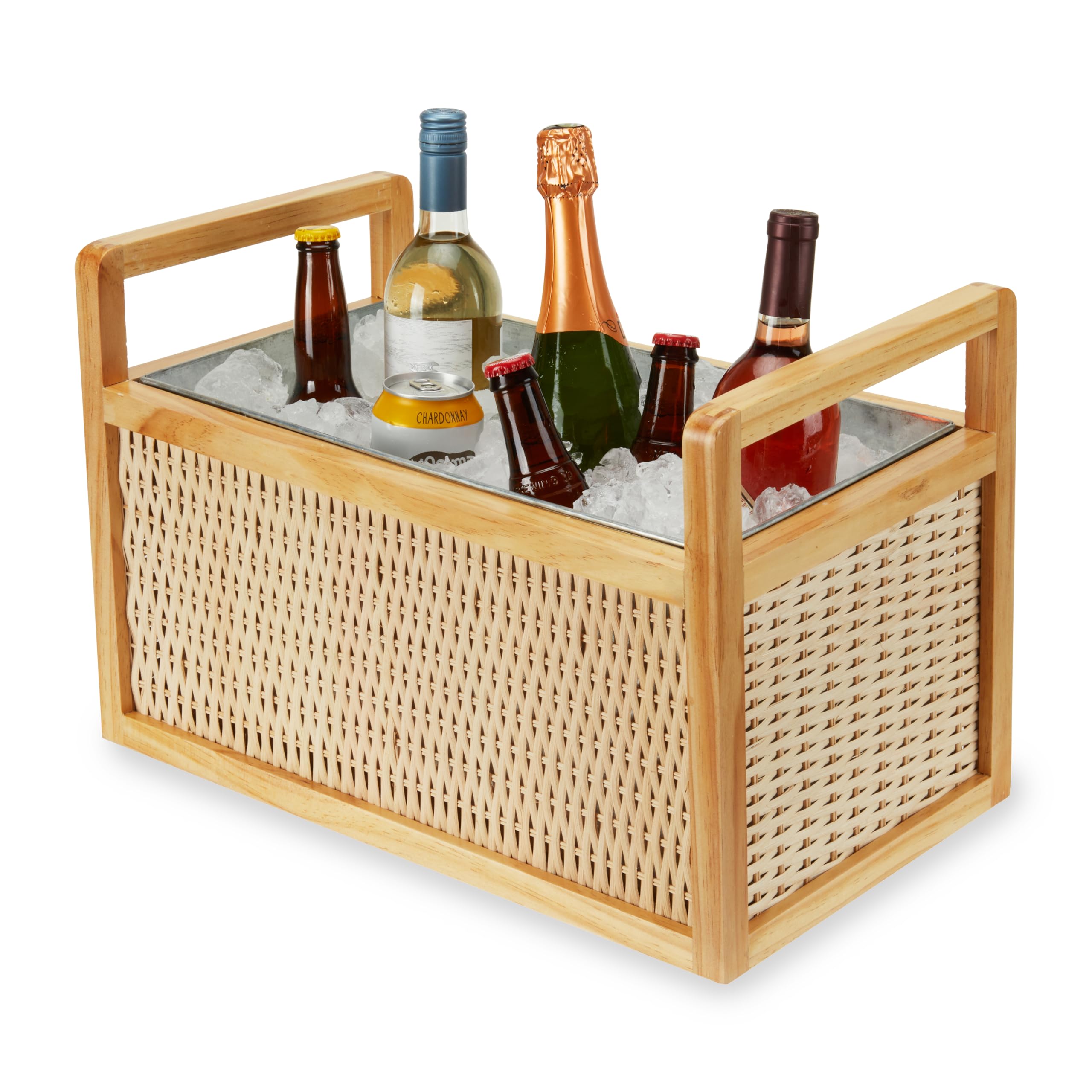 Version 1.0.0 Twine Cesta enfriadora de botellas de ratán y madera, tinas de bebidas para fiestas, cubo de hielo para bebidas con asas