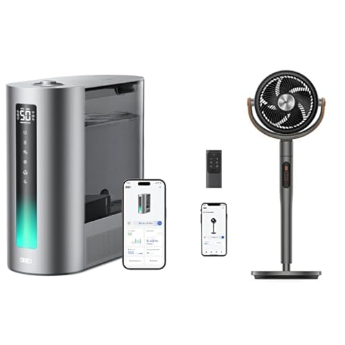 Version 1.0.0 Paquete Humidificador Dreo HM713S 6L Niebla Cálida y Fría 60 Horas y Ventilador de Pedestal Oscilante para Dormitorio