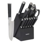 Babish - Juego de cubertería de acero alemán de alto carbono 1.4116, 15 piezas, forjado de espiga completa, con bloque d