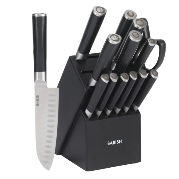 Babish - Juego de cubertería de acero alemán de alto carbono 1.4116, 15 piezas, forjado de espiga completa, con bloque d